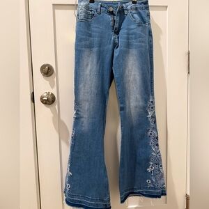 Embroidered Denim Flare leg Jean with Raw Hem